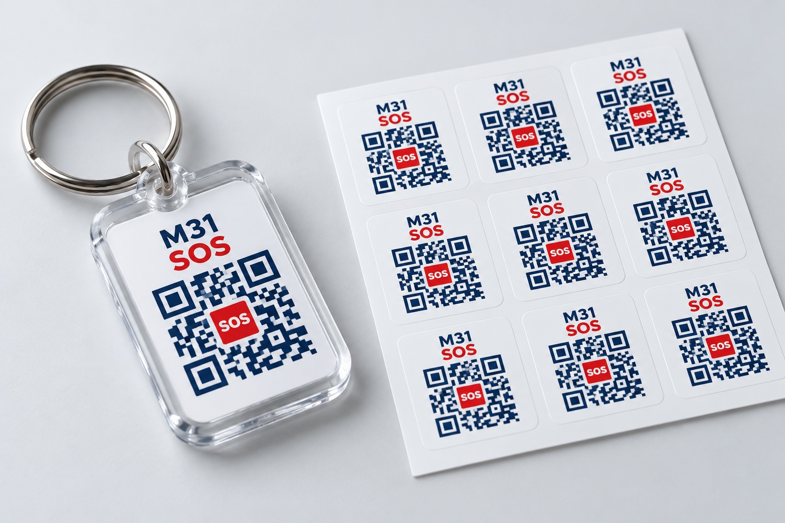 Product concept of acrylic QR key ring with metal ring and 9 stickers in 3 rows and 3 columns