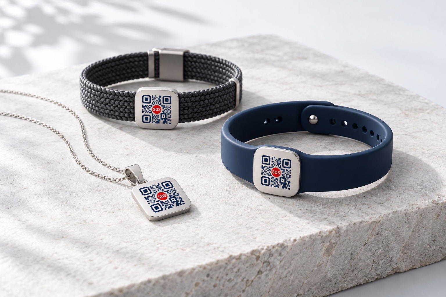 Product concept: navy silicone and woven wristbands with a silver QR necklace